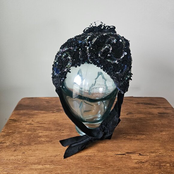 Victorian Antique 1870s 1880s Black Bonnet Jet‎ Beaded Sequins Mourning Hat main image 6